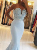 Trumpet/Mermaid Sweetheart Sweep/Brush Train Satin Prom Evening Dresses with Beading