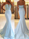 Trumpet/Mermaid Sweetheart Sweep/Brush Train Satin Prom Evening Dresses with Beading