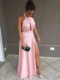 A-Line/Princess Halter Long Satin Ruffles Prom Evening Dresses with Split