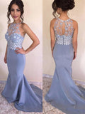 Trumpet/Mermaid Jewel Sweep/Brush Train Satin Prom Evening Dresses with Crystal