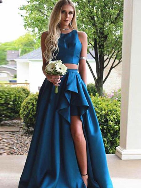 A-Line/Princess Scoop Sweep/Brush Train Satin Two Piece Prom Evening Dresses with Ruffles