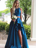 A-Line/Princess Scoop Sweep/Brush Train Satin Two Piece Prom Evening Dresses with Ruffles