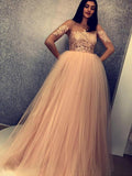 Ball Gown Scoop Sweep/Brush Train Tulle Short Sleeves Prom Evening Dresses with Applique
