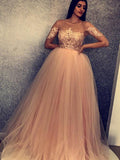 Ball Gown Scoop Sweep/Brush Train Tulle Short Sleeves Prom Evening Dresses with Applique