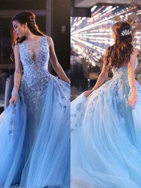 Ball Gown Scoop Sweep/Brush Train Tulle Prom Formal Dresses with Applique