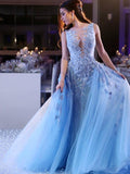 Ball Gown Scoop Sweep/Brush Train Tulle Prom Formal Dresses with Applique