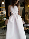 A-Line/Princess Halter Tea-Length Satin Prom Evening Dresses with Ruffles