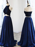 A-Line/Princess Halter Sweep/Brush Train Satin Two Piece Prom Evening Dresses with Ruffles