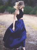 A-Line/Princess Halter Sweep/Brush Train Satin Two Piece Prom Evening Dresses with Ruffles