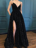 A-Line/Princess Spaghetti Straps Sweep/Brush Train Sequins Prom Formal Dresses with Split