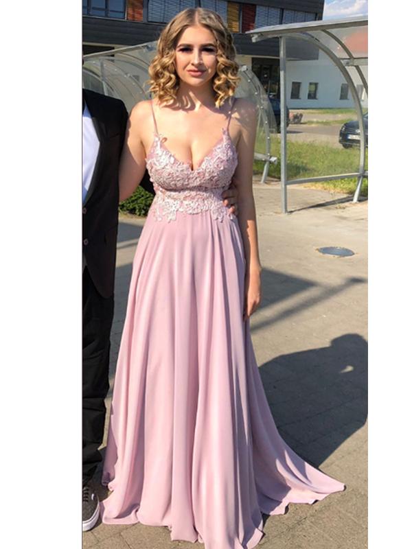 Empire Spaghetti Straps Sweep/Brush Train Chiffon Prom Evening Dresses with Lace