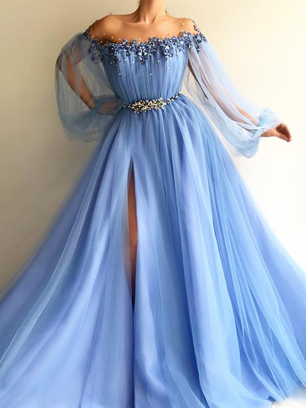 A-Line/Princess Off-the-Shoulder Long Tulle Beading Long Sleeves Dresses with Split