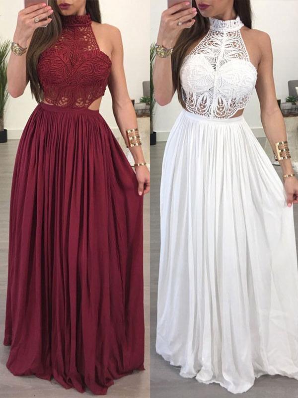 A-Line/Princess Halter Long Chiffon Two Piece Prom Evening Dresses with Lace