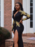 Trumpet/Mermaid V-neck Court Train Satin Beading Long Sleeves Prom Evening Dresses with Split
