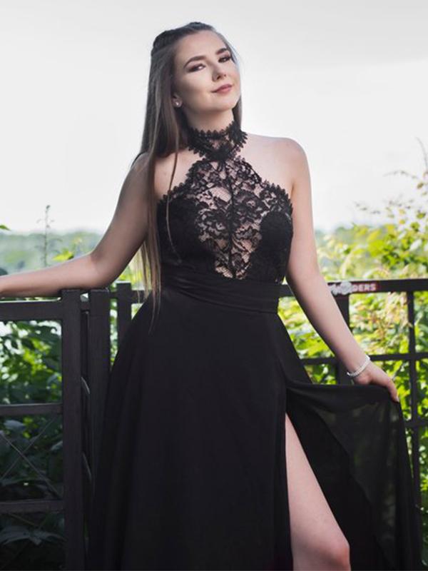 A-Line/Princess Halter Long Tulle Lace Prom Evening Dresses with Split Dessiny A-Line/Princess Halter Long Tulle Lace Prom Evening Dresses with Split Dessiny