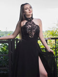 A-Line/Princess Halter Long Tulle Lace Prom Evening Dresses with Split