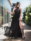A-Line/Princess Halter Long Tulle Lace Prom Evening Dresses with Split