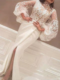 Trumpet/Mermaid High Neck Sweep/Brush Train Satin Lace Long Sleevles Prom Dresses with Split
