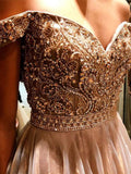 A-Line/Princess Off-the-Shoulder Long Tulle Prom Evening Dresses with Beading