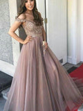A-Line/Princess Off-the-Shoulder Long Tulle Prom Evening Dresses with Beading