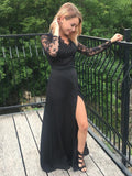 A-Line/Princess V-neck Long Chiffon Applique Long Sleeves Prom Evening Dresses with Split