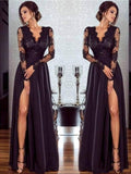 A-Line/Princess V-neck Long Chiffon Applique Long Sleeves Prom Evening Dresses with Split