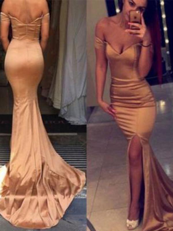 Trumpet/Mermaid Off-the-Shoulder Court Train Satin Prom Evening Dresses with Split