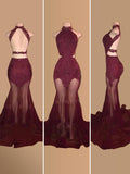 Trumpet/Mermaid Halter Court Train Tulle Prom Evening Dresses with Applique