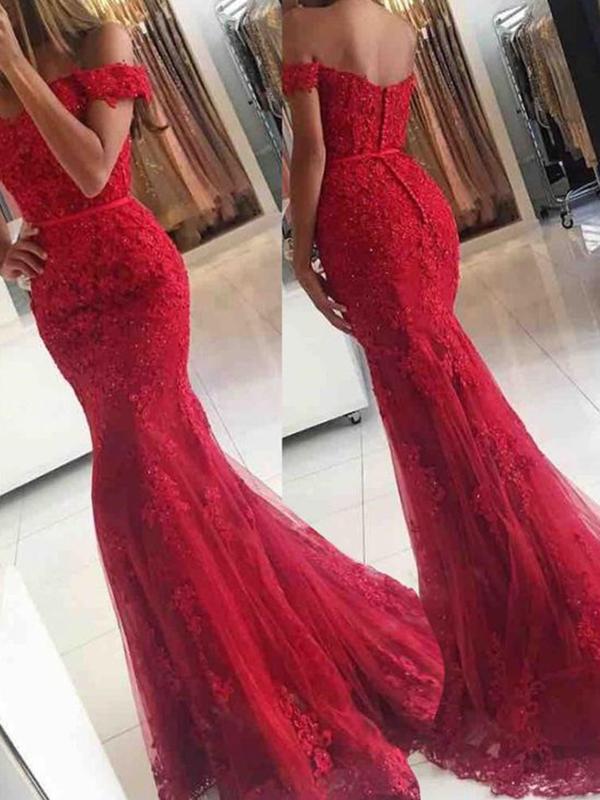 Trumpet/Mermaid Off-the-Shoulder Sweep/Brush Train Tulle Prom Evening Dresses with Applique