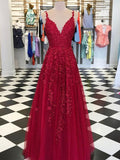 A-Line/Princess V-neck Long Tulle Prom Evening Dresses with Applique