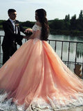 Ball Gown Off-the-Shoulder Court Train Tulle Prom Evening Dresses with Lace