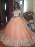 Ball Gown Off-the-Shoulder Court Train Tulle Prom Evening Dresses with Lace