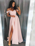 A-Line/Princess Off-the-Shoulder Sweep/Brush Train Satin Ruffles Prom Evening Dresses with Split