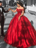Ball Gown Off-the-Shoulder Sweep/Brush Train Satin Prom Formal Dresses with Lace