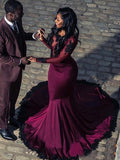 Trumpet/Mermaid Bateau Sweep/Brush Train Satin Long Sleeves Prom Evening Dresses with Applique