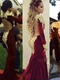 Trumpet/Mermaid High Neck Court Train Velvet Long Sleeves Prom Evening Dresses with Applique