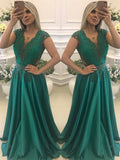 A-Line/Princess V-neck Long Satin Short Sleeves Prom Evening Dresses with Beading