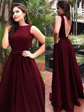 A-Line/Princess Bateau Long Elastic Woven Satin Prom Dresses with Sash/Ribbon/Belt
