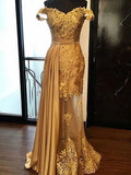 Sheath/Column Off-the-Shoulder Sweep/Brush Train Tulle Prom Evening Dresses with Applique