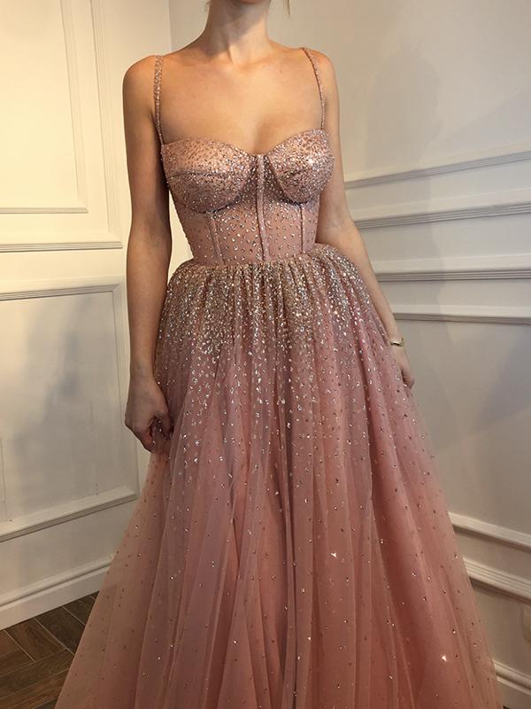 A-Line/Princess Spaghetti Straps Long Tulle Prom Evening Dresses with Rhinestone