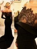Trumpet/Mermaid Off-the-Shoulder Sweep/Brush Train Satin Long Sleeves Dresses with Lace