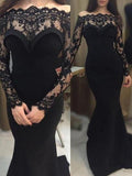 Trumpet/Mermaid Off-the-Shoulder Sweep/Brush Train Satin Long Sleeves Dresses with Lace