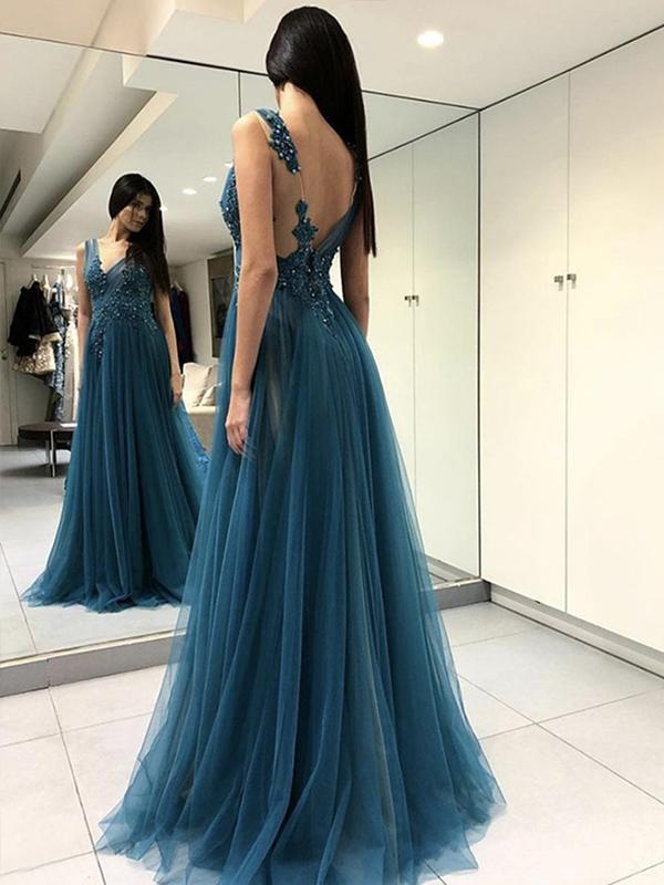 A-Line/Princess V-neck Long Tulle Applique Prom Evening Dresses with Split