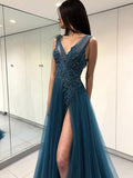A-Line/Princess V-neck Long Tulle Applique Prom Evening Dresses with Split