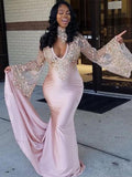 Trumpet/Mermaid High Neck Sweep/Brush Train Satin Long Sleeves Prom Evening Dresses with Applique