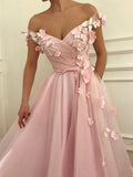 A-Line/Princess Off-the-Shoulder Long Tulle Prom Formal Dresses with Applique