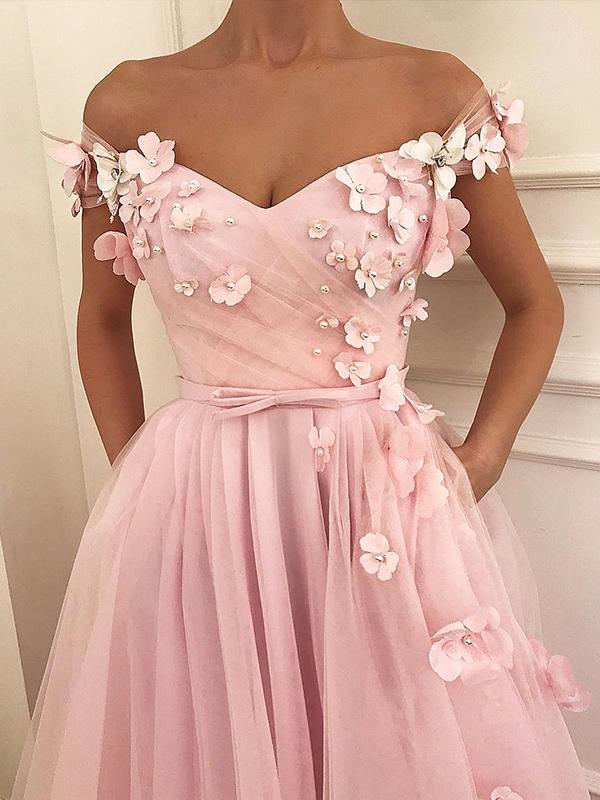 A-Line/Princess Off-the-Shoulder Long Tulle Prom Formal Dresses with Applique