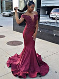 Trumpet/Mermaid Off-the-Shoulder Sweep/Brush Train Satin Prom Evening Dresses with Lace
