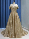 Ball Gown Off-the-Shoulder Sweep/Brush Train Sequins Prom Evening Dresses with Ruffles