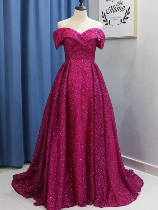 Ball Gown Off-the-Shoulder Sweep/Brush Train Sequins Prom Evening Dresses with Ruffles